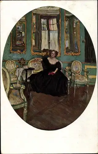 Künstler Ak Dorsch, F., In Gedanken, Frau in schwarzem Kleid