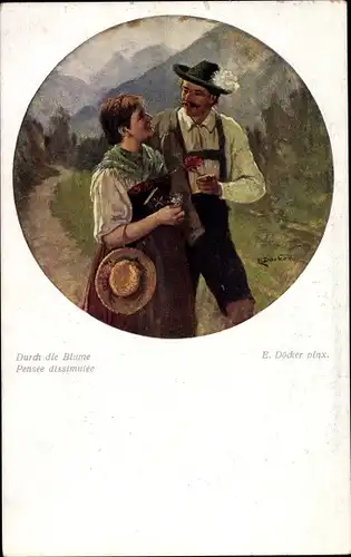 Künstler Ak Döcker, E., Durch die Blume, Paar in bayrischen Trachten