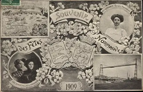 Ak Seine Maritime, Souvenir de Fetes Normandes, Wappen, Brücke, Tracht