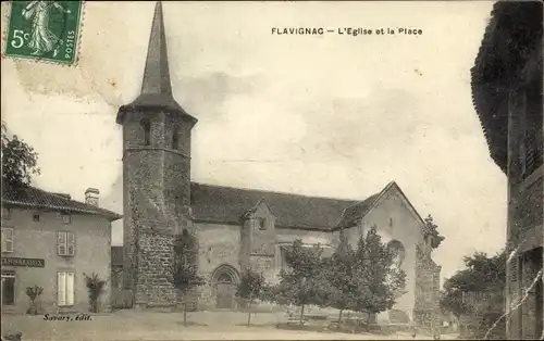 Ak Flavignac Haute Vienne, L'Eglise, La Place