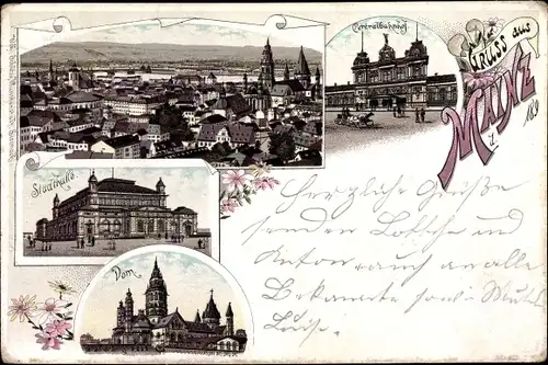 Litho Mainz am Rhein, Zentralbahnhof, Stadthalle, Dom, Blick auf den Ort