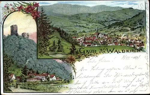 Litho Waldkirch im Breisgau Schwarzwald, Burgruine, Blick auf den Ort