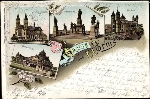 Litho Worms am Rhein, Festspielhaus, Dom, Lutherdenkmal, Liebfrauenkirche