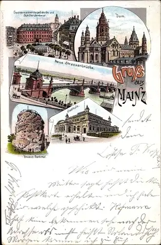 Litho Mainz am Rhein, Dom, Gouvernementgebäude, Schillerdenkmal, Stadthalle