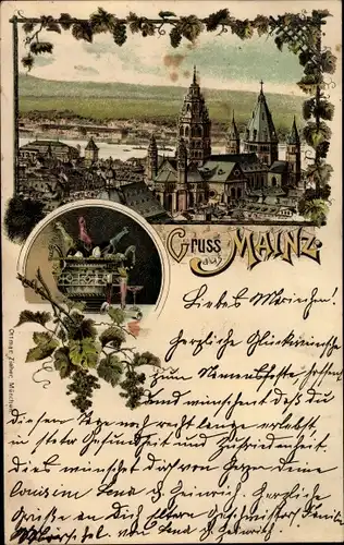 Litho Mainz am Rhein, Blick auf den Ort, Dom, Weinkühler, Weinreben