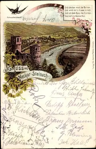 Litho Neckarsteinach in Hessen, Blick auf den Ort, Schwalbennest