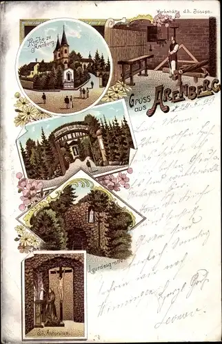 Litho Arenberg Koblenz am Rhein, Kirche, Eingang zum Ölberg, Lourdesgrotte, St. Antonius