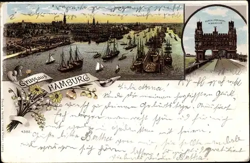 Litho Hamburg Mitte Altstadt, Panorama mit Hafen, Neue Elbbrücke, Portal