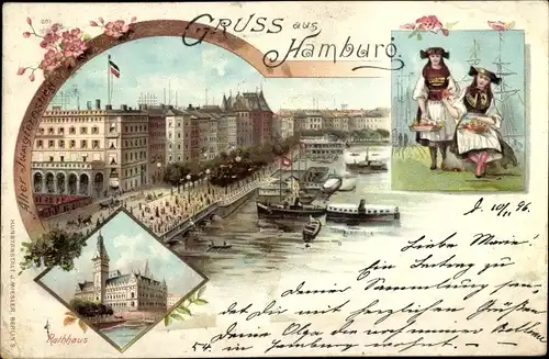 Litho Hamburg Mitte Altstadt, Alter Jungfernstieg, Rathaus, Mädchen in Vierländer Tracht