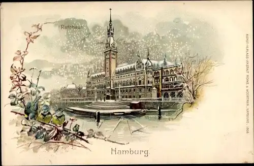 Winter Litho Hamburg Mitte Altstadt, Blick auf das Rathaus im Schnee