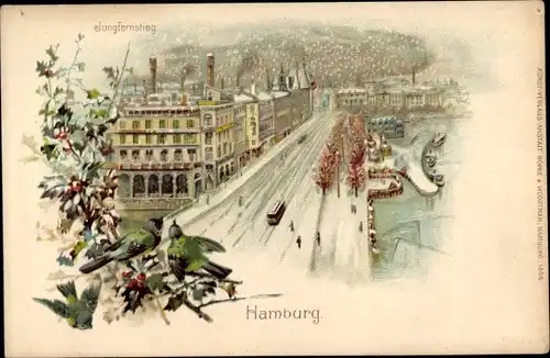 Winter Litho Hamburg Mitte Altstadt, Blick auf den verschneiten Jungfernstieg