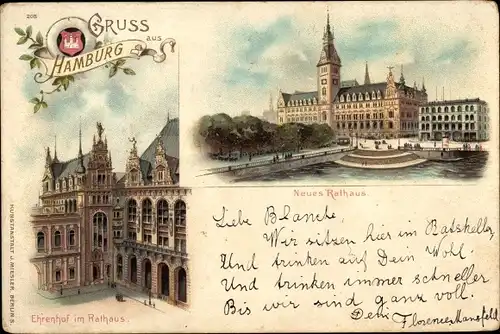 Litho Hamburg Mitte Altstadt, Blick auf das Neue Rathaus mit Ehrenhof