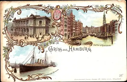 Litho Hamburg Mitte Altstadt, Börse, Schnelldampfer Normannia, Fleet, Reimersbrücke, HAPAG