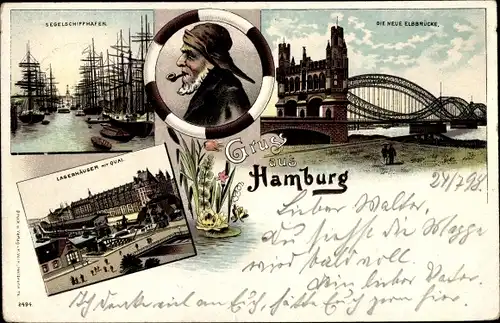 Litho Hamburg Mitte Altstadt, Segelschiffhafen, neue Elbbrücke, Lagerhäuser, Fischer