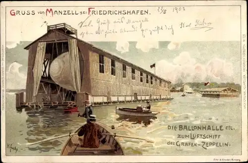 Künstler Litho Fuchs, K., Manzell Friedrichshafen am Bodensee, Ballonhalle, Zeppelin Luftschiff LZ 1