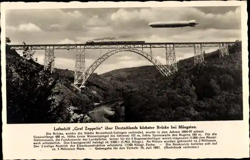 Ak Solingen Nordrhein Westfalen, Müngstener Brücke, Luftschiff LZ 127 Graf Zeppelin über dem Viadukt