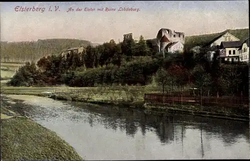 Ak Elsterberg an der Weißen Elster Vogtland, Ruine Lobdaburg und Elsterpartie