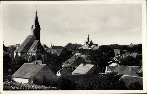 Ak Dahlen im Kreis Nordsachsen, Blick über die Dächer des Ortes, Kirche