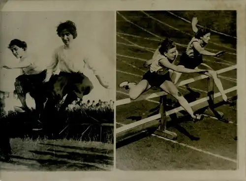 Foto Frauensport einst und jetzt, Hürdenlauf 1910 mit Stehkragen und langen Strümpfen
