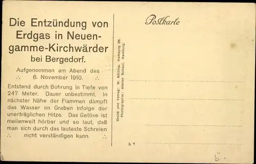 Künstler Ak Hamburg Bergedorf Neuengamme, Die Entzündung von Erdgas 1910