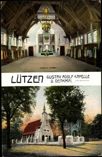 Ak Lützen im Burgenlandkreis, Gustav Adolf Kapelle und Denkmal, Außen- und Innenansicht