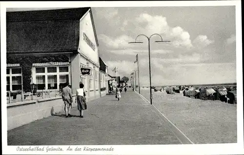 Ak Grömitz Ostsee, Partie an der Kurpromenade, Cafe, Strandkörbe