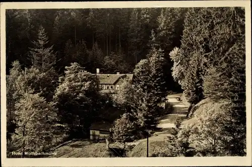 Ak Braunlage im Harz, Hotel Wolfsbachmühle, Straßenpartie, Wald