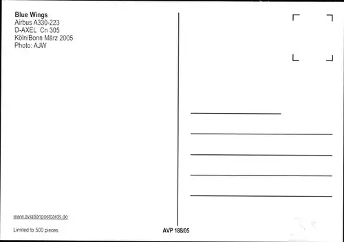 Ak Deutsches Passagierflugzeug Blue Wings, Airbus A 330 223, D-AXEL Cn 305
