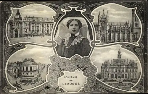 Ak Limoges Haute Vienne, Ortsansichten, Schloss, Straßenpartie, Frau in Tracht