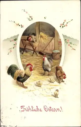 Ak Glückwunsch Ostern, Hahn, Hühner, Küken