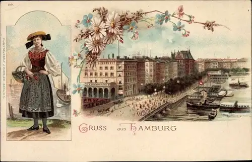 Litho Hamburg Mitte Altstadt, Vierländer Tracht, Alsterpartie