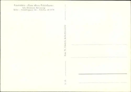 Ak Köln am Rhein, Gaststätte Zum alten Präsidium, Innenansicht, Schildergasse 84