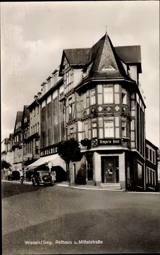 Ak Wissen an der Sieg Westerwald, Rathaus, Mittelstraße, Drogerie Kreil