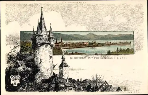 Künstler Litho Biese, C., Lindau am Bodensee Schwaben, Diebsturm, Peterskirche, Wappen