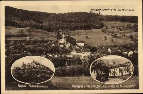 Ak Nieder Beerbach Mühltal im Odenwald, Gasthaus Darmstädter Hof, Ruine Frankenstein