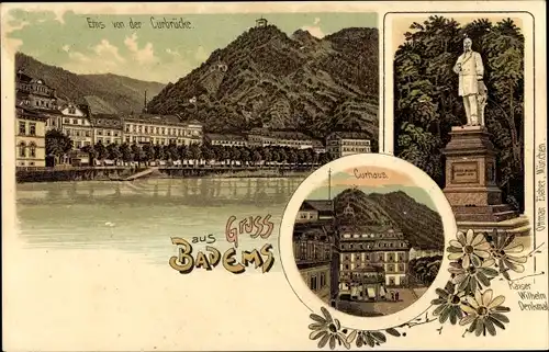 Litho Bad Ems an der Lahn, Kaiser Wilhelm Denkmal, Kurhaus, Blick von der Kurbrücke