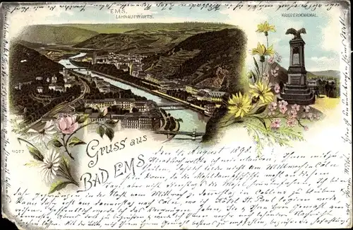 Litho Bad Ems an der Lahn, Totalansicht der Ortschaft, Kriegerdenkmal