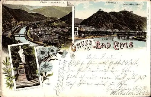 Litho Bad Ems an der Lahn, Bäderley, Concordiaturm, Kaiser Wilhelm Denkmal