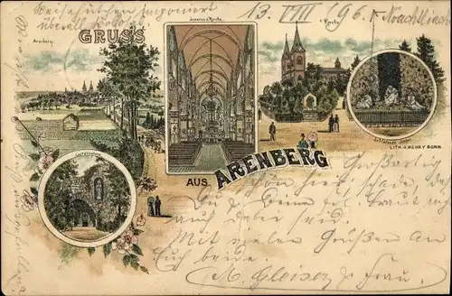 Litho Arenberg Koblenz am Rhein, Kirche, Innenansicht, Lourdesgrotte