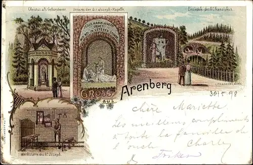 Litho Arenberg Koblenz Rheinland Pfalz, Einsiedelei des hl. Franziskus, Werkstätte, Kapelle