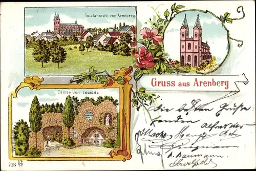 Litho Arenberg Koblenz Rheinland Pfalz, Totalansicht, Lourdesgrotte, Kirche