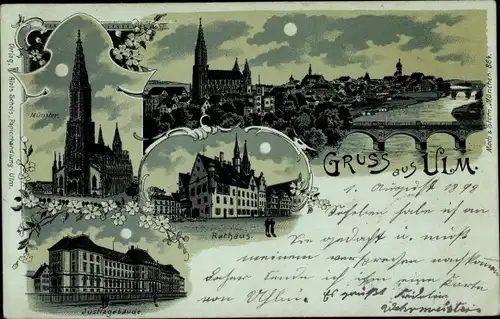 Mondschein Litho Ulm an der Donau, Rathaus, Münster, Panorama vom Ort, Justizgebäude