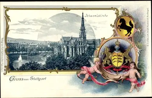 Präge Wappen Litho Stuttgart am Neckar, Johanniskirche, Engel