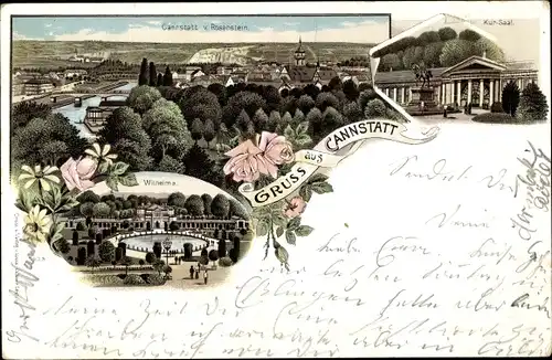 Litho Cannstatt Stuttgart Neckar, Wilhelma, Blick auf den Ort, Kursaal