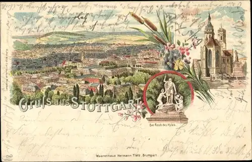 Litho Stuttgart in Baden Württemberg, Panoramablick auf die Stadt mit Hasenberg, Der Raub des Hylas