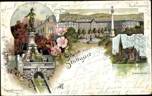 Litho Stuttgart in Baden Württemberg, Residenzschloss, Johanneskirche, Eugens Brunnen