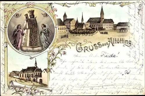 Litho Altötting in Oberbayern, Maria mit Jesuskind, Marktplatz, Kirche, Straßenpartie