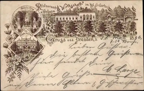 Litho Dresden Altstadt, Restaurant Große Wirtschaft im Kgl. Garten, Herkules-Allee, Palais mit Teich