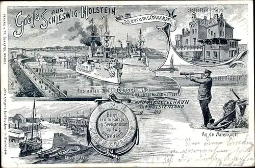 Litho Deutsches Kriegsschiff SMS Deutschland, Elblootsen-Haus, Waterkant, Brunsbüttelhafen