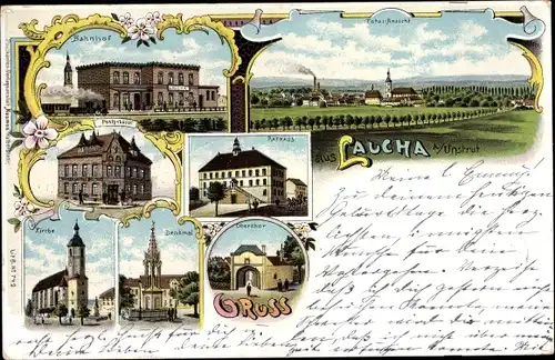 Litho Laucha an der Unstrut, Bahnhof, Totalansicht, Rathaus, Kirche, Denkmal, Obertor